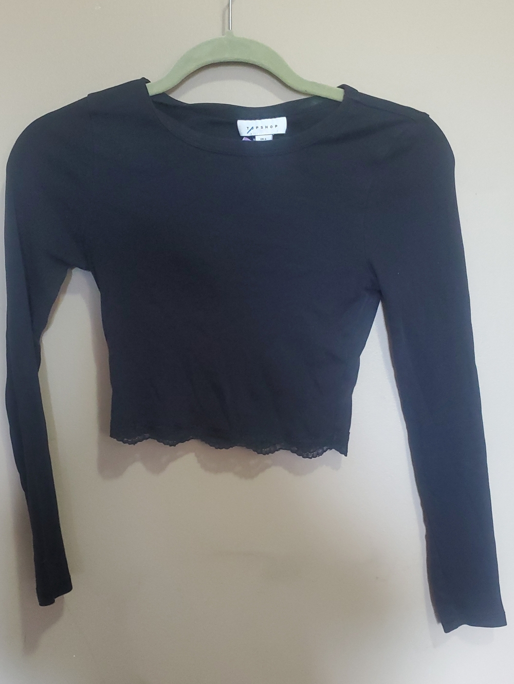 Topshop Black Long-Sleeve Crop Top W/lace Trim Size 2